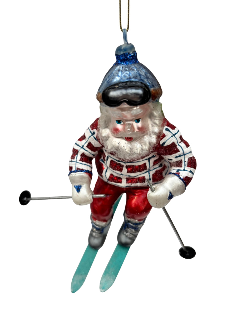Santa on Skis Glass Ornament